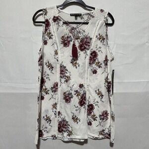 Always Indigo Womens Tank Top Floral Print Tasseled Tie Boho Blouse White XL NWT